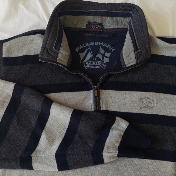 Paul Shark Sweater Mens Large Blue gray Stripe Quarter Zip Wool Cool Touch - Picture 3 of 7